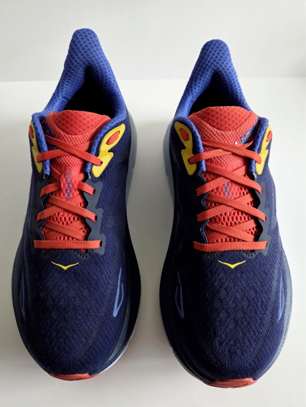 Hoka (8 Wide) Clifton 9 Road Running Shoes, Navy Blue Orange & Yellow - Picture 4 of 15